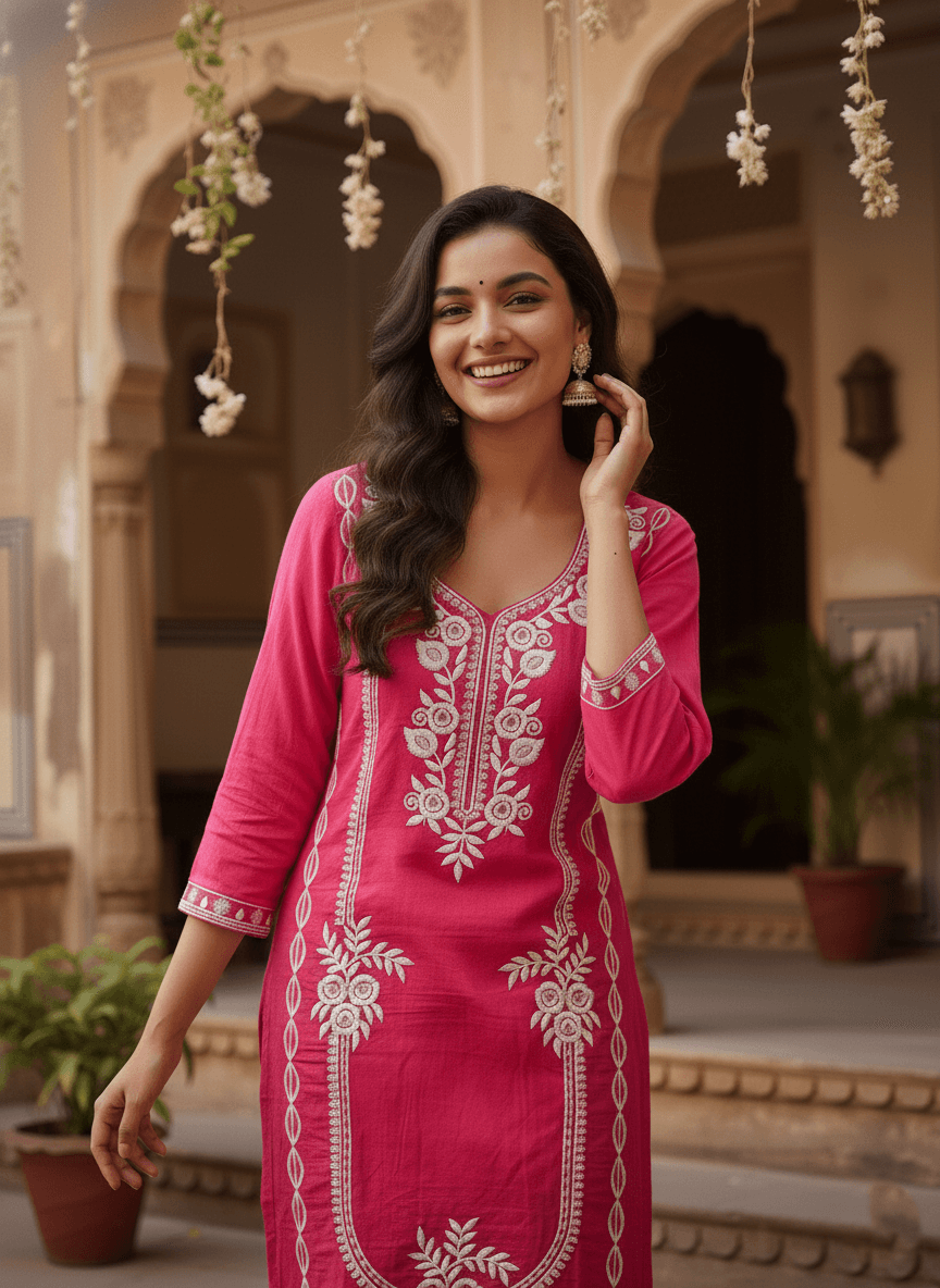 Pink Embroidered Cotton Kurti Set for Women | Elegant Traditional Ethnic Wear