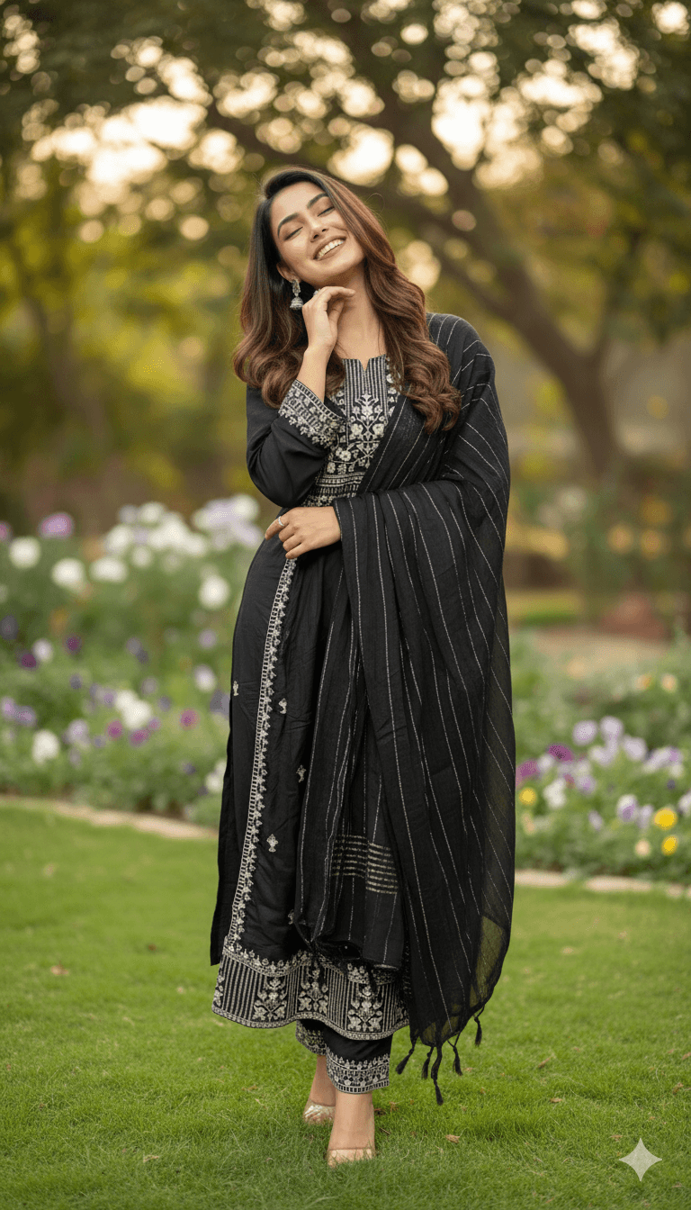 Black Embroidered Kurti Pant Dupatta Set for Women | Premium Festive Traditional Ethnic Wear