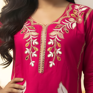 Pink Embroidered Kurti Pant Dupatta Set for Women | Elegant Floral Design Ethnic Wear