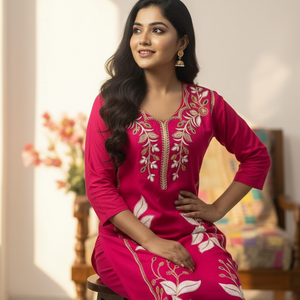 Pink Embroidered Kurti Pant Dupatta Set for Women | Elegant Floral Design Ethnic Wear