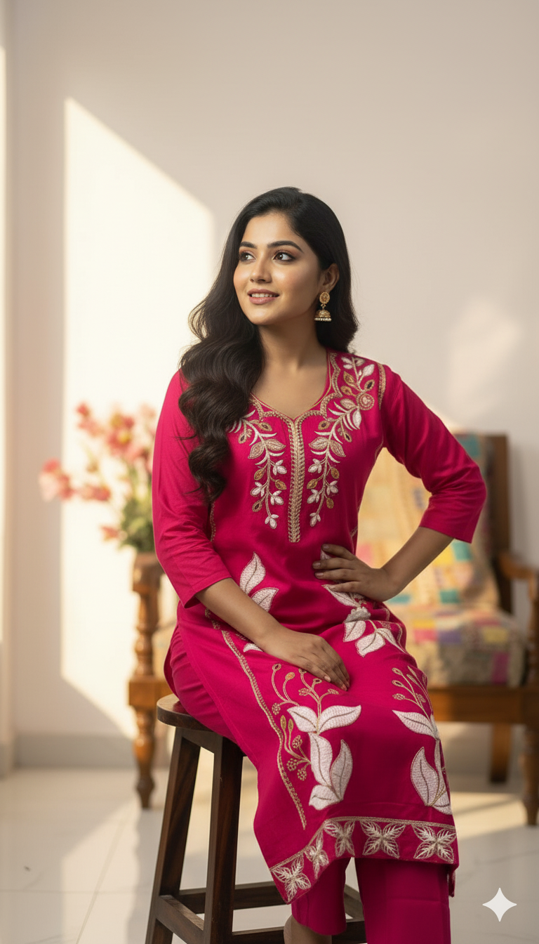 Pink Embroidered Kurti Pant Dupatta Set for Women | Elegant Floral Design Ethnic Wear