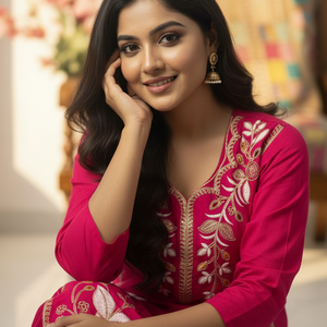 Pink Embroidered Kurti Pant Dupatta Set for Women | Elegant Floral Design Ethnic Wear