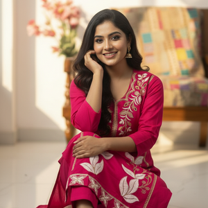 Pink Embroidered Kurti Pant Dupatta Set for Women | Elegant Floral Design Ethnic Wear