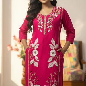 Pink Embroidered Kurti Pant Dupatta Set for Women | Elegant Floral Design Ethnic Wear