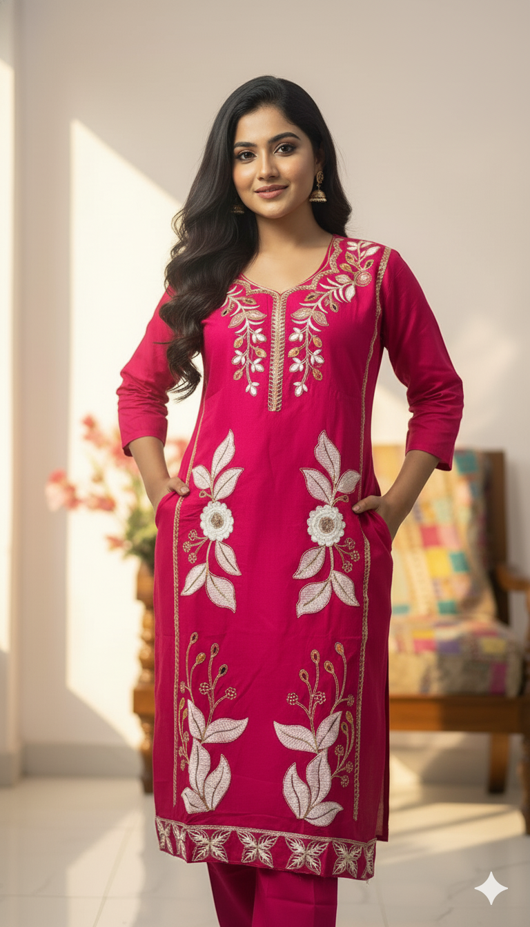 Pink Embroidered Kurti Pant Dupatta Set for Women | Elegant Floral Design Ethnic Wear