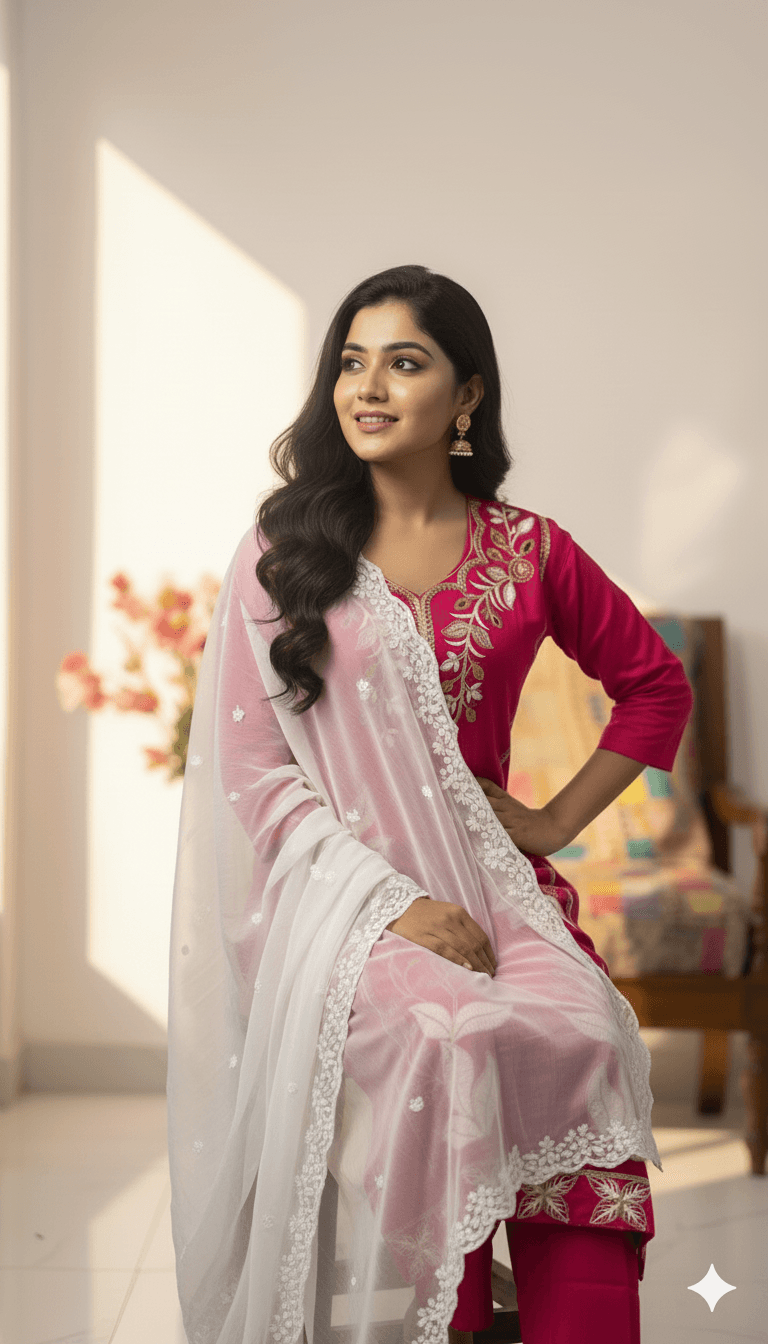 Pink Embroidered Kurti Pant Dupatta Set for Women | Elegant Floral Design Ethnic Wear