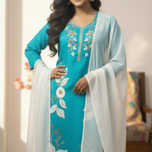 Pink Embroidered Kurti Pant Dupatta Set for Women | Elegant Floral Design Ethnic Wear