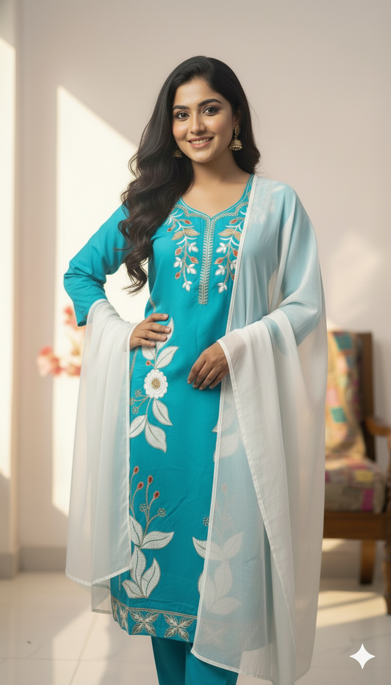 Pink Embroidered Kurti Pant Dupatta Set for Women | Elegant Floral Design Ethnic Wear