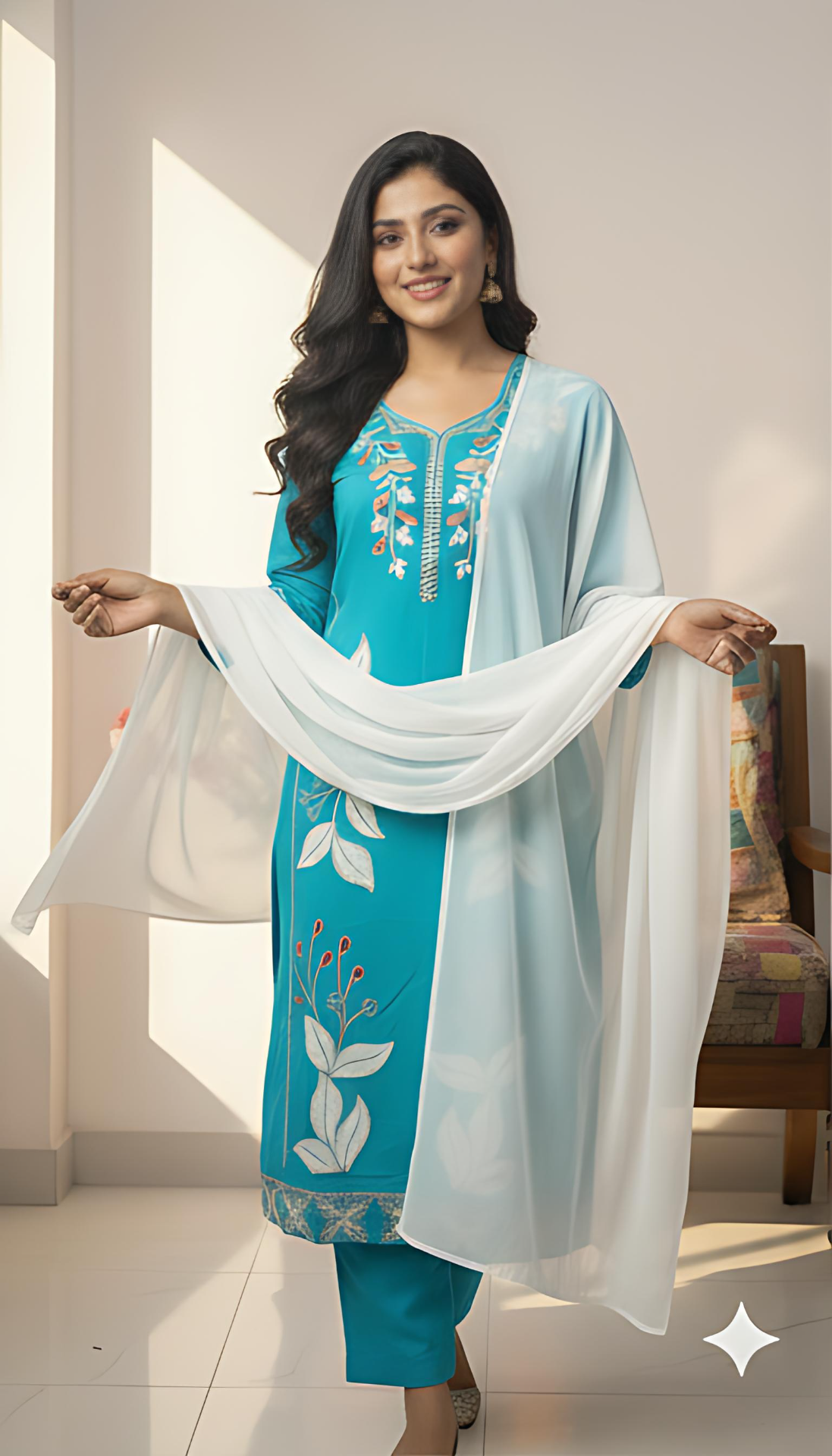 Pink Embroidered Kurti Pant Dupatta Set for Women | Elegant Floral Design Ethnic Wear