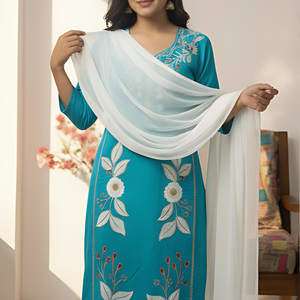 Pink Embroidered Kurti Pant Dupatta Set for Women | Elegant Floral Design Ethnic Wear