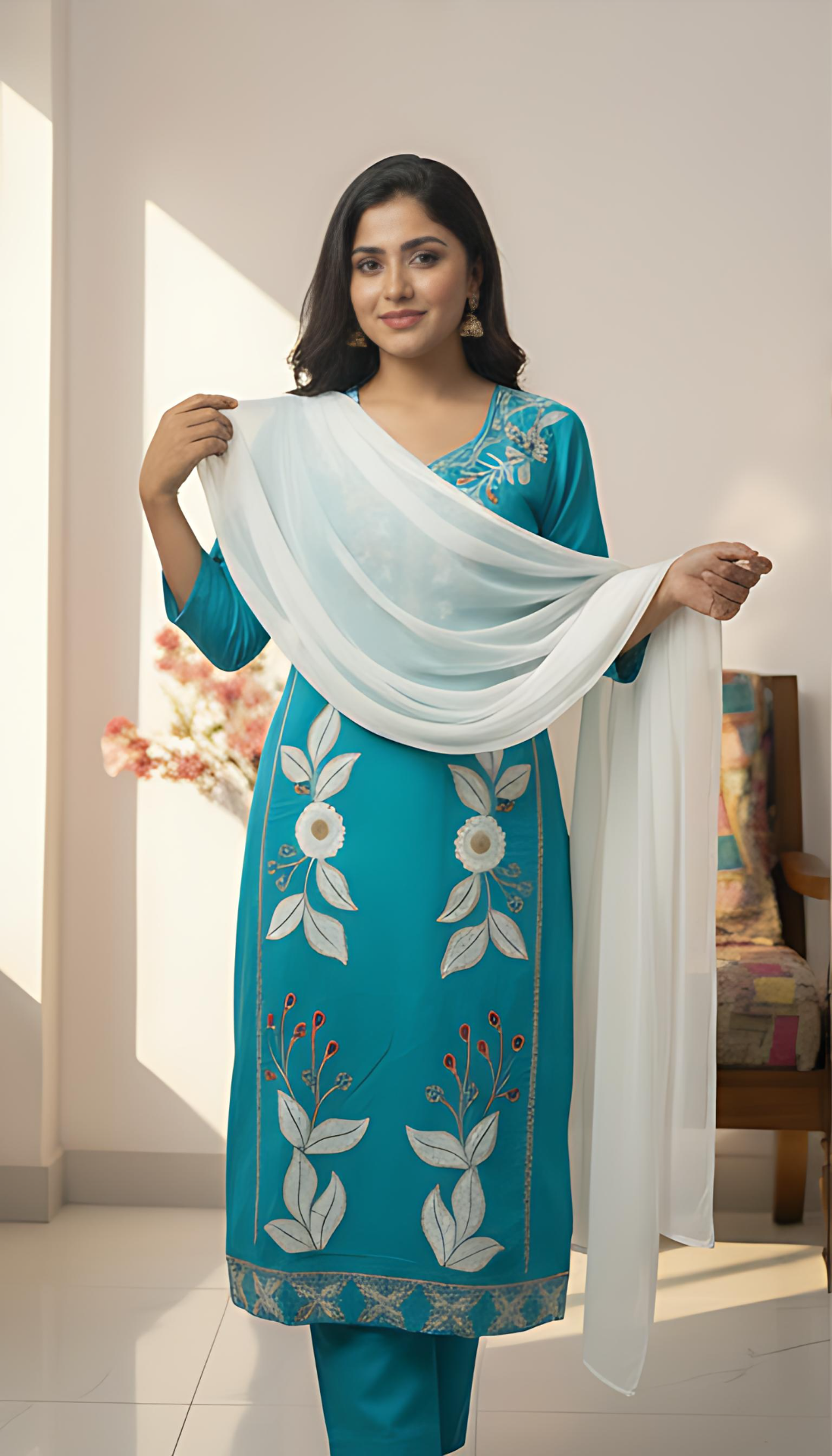 Pink Embroidered Kurti Pant Dupatta Set for Women | Elegant Floral Design Ethnic Wear