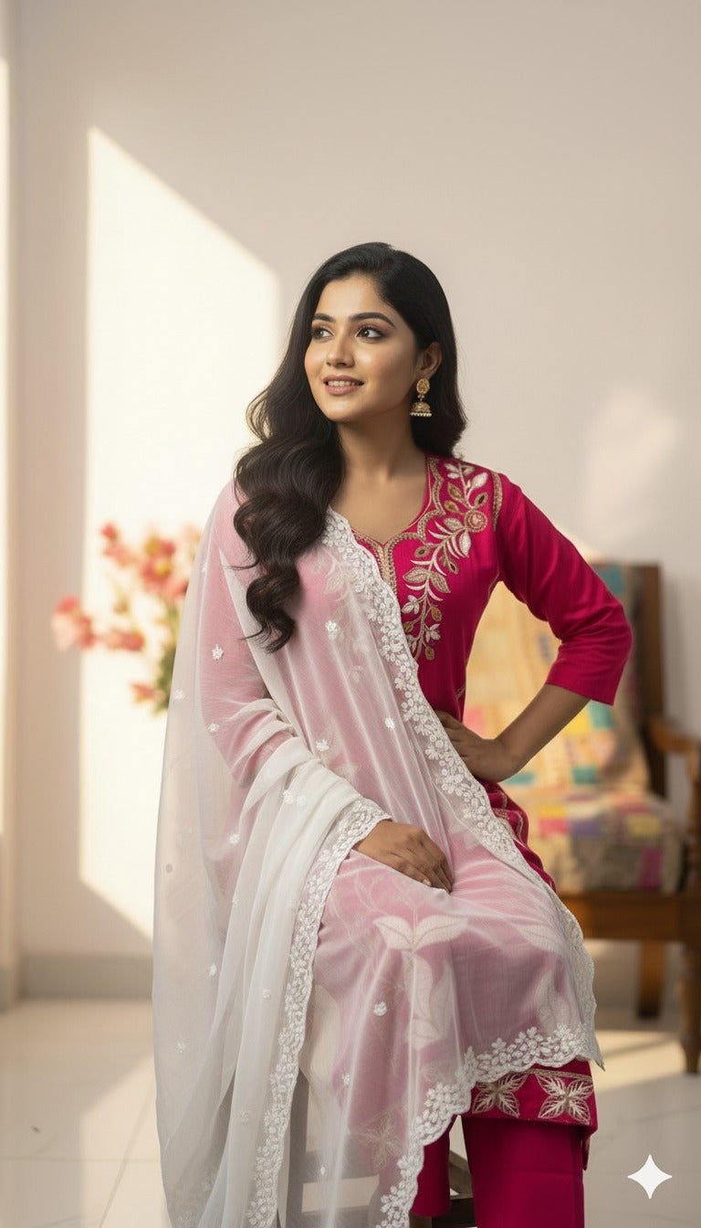 Pink Embroidered Kurti Pant Dupatta Set for Women | Elegant Floral Design Ethnic Wear