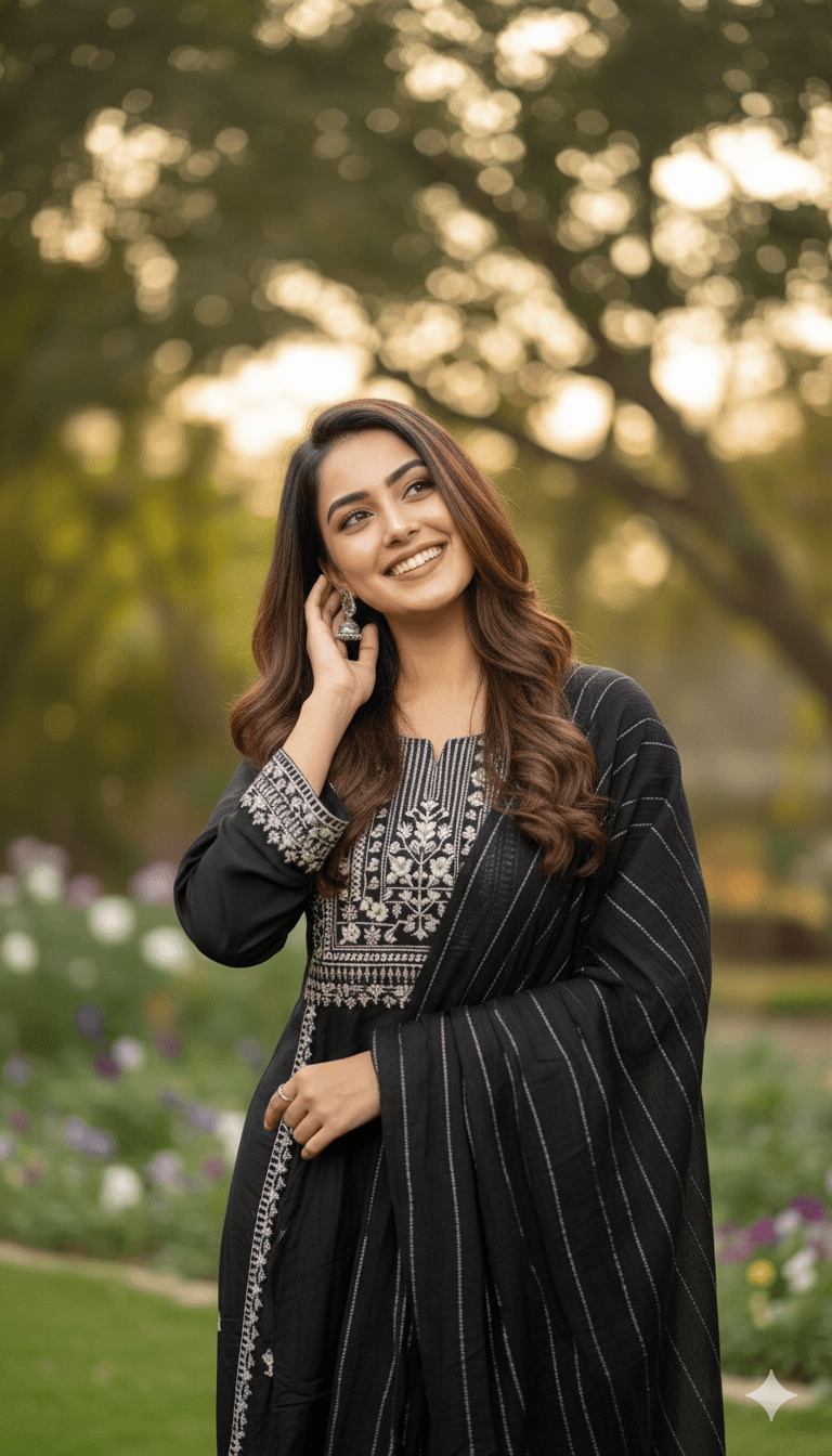 Black Embroidered Kurti Pant Dupatta Set for Women | Premium Festive Traditional Ethnic Wear - Breakup Clothes