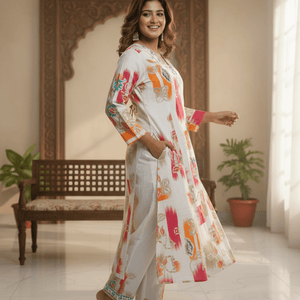 Multicolor Floral Printed Kurti for Women | Embellished Neck Designer Cotton Kurta - Breakup Clothes