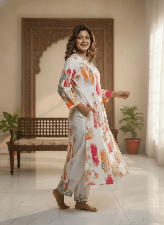 Multicolor Floral Printed Kurti for Women | Embellished Neck Designer Cotton Kurta - Breakup Clothes