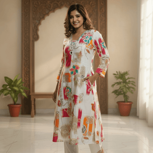 Multicolor Floral Printed Kurti for Women | Embellished Neck Designer Cotton Kurta - Breakup Clothes
