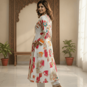 Multicolor Floral Printed Kurti for Women | Embellished Neck Designer Cotton Kurta - Breakup Clothes