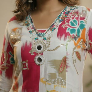 Multicolor Floral Printed Kurti for Women | Embellished Neck Designer Cotton Kurta - Breakup Clothes