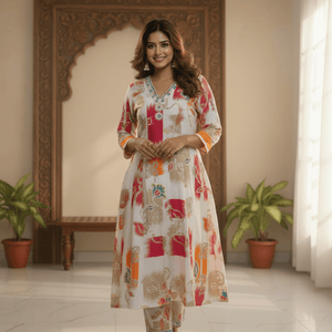 Multicolor Floral Printed Kurti for Women | Embellished Neck Designer Cotton Kurta - Breakup Clothes