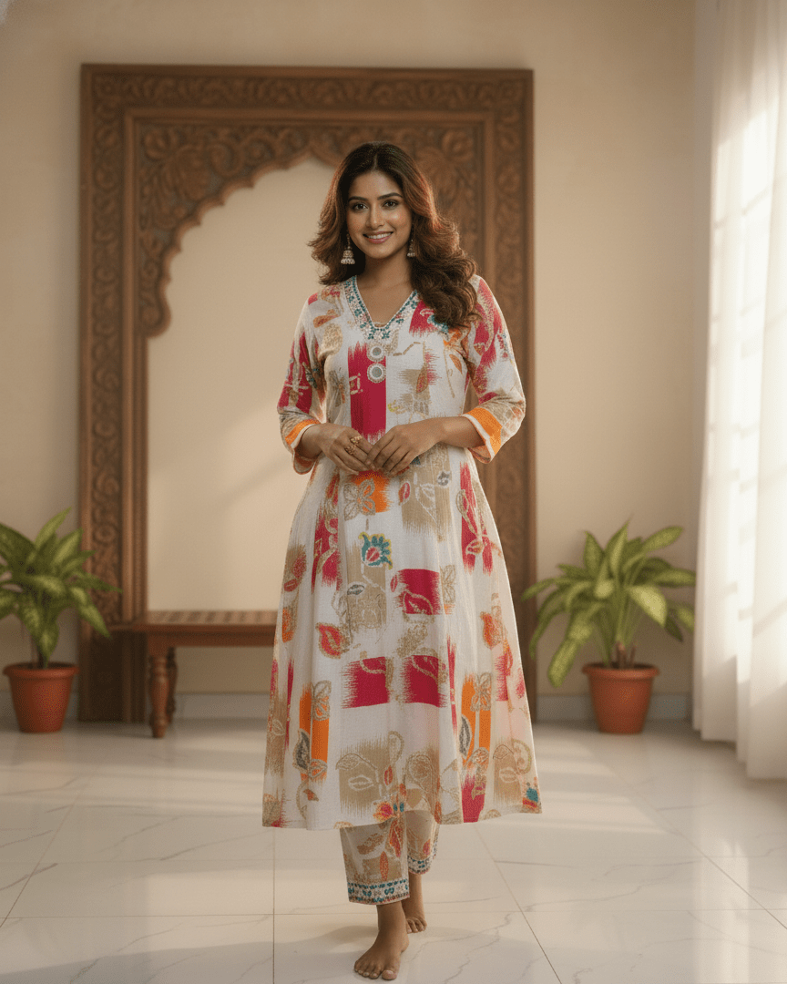 Multicolor Floral Printed Kurti for Women | Embellished Neck Designer Cotton Kurta - Breakup Clothes