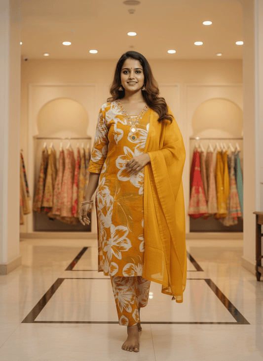 Mustard Floral Printed Cotton Kurti for Women | Elegant Traditional Daily Wear Kurta - Mustard Floral Kurti - Breakup Clothes