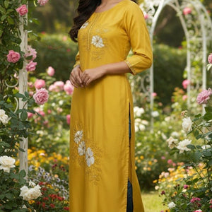 Mustard Floral Printed Cotton Kurti for Women | Stylish Daily Wear Long Straight Kurta - Mustard Kurti - Breakup Clothes