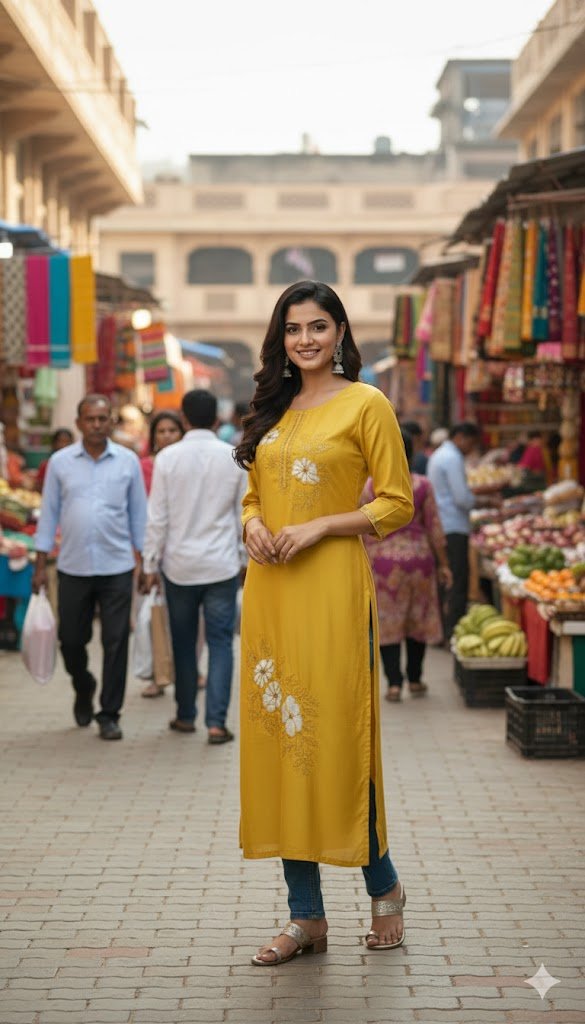 Mustard Floral Printed Cotton Kurti for Women | Stylish Daily Wear Long Straight Kurta - Mustard Kurti - Breakup Clothes