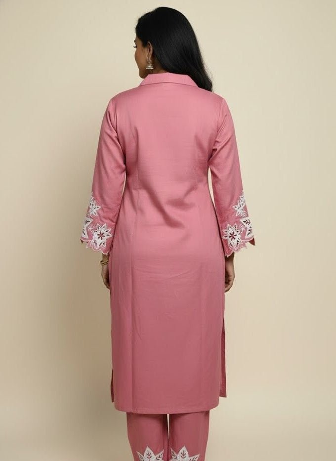 Pink Embroidered Cotton Kurti Set for Women | Elegant Floral Design Traditional Wear - Breakup Clothes