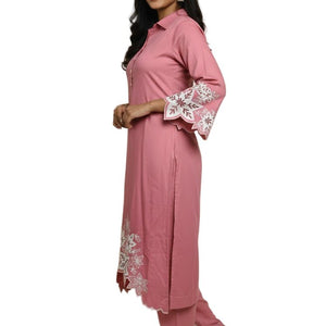 Pink Embroidered Cotton Kurti Set for Women | Elegant Floral Design Traditional Wear - Breakup Clothes