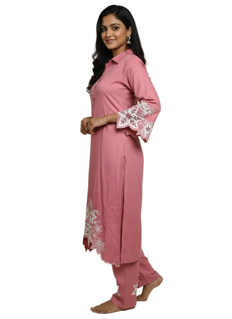 Pink Embroidered Cotton Kurti Set for Women | Elegant Floral Design Traditional Wear - Breakup Clothes