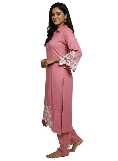 Pink Embroidered Cotton Kurti Set for Women | Elegant Floral Design Traditional Wear - Breakup Clothes