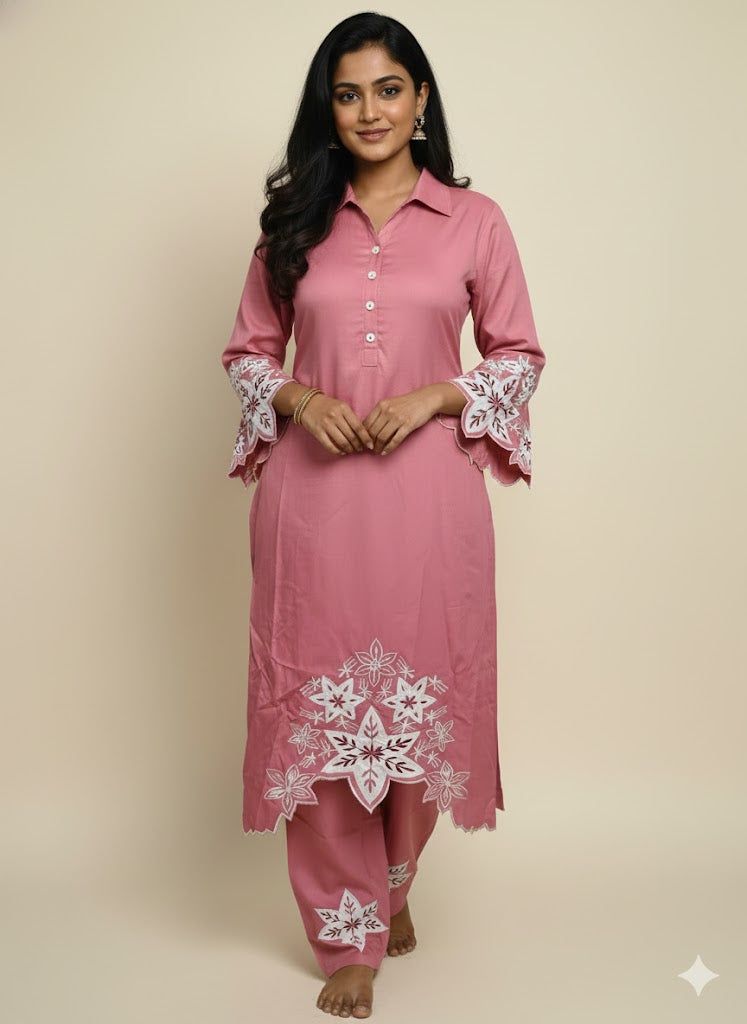 Pink Embroidered Cotton Kurti Set for Women | Elegant Floral Design Traditional Wear - Breakup Clothes
