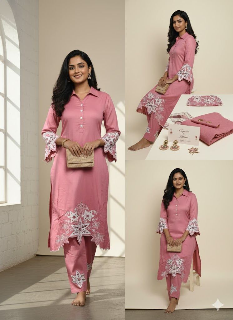 Pink Embroidered Cotton Kurti Set for Women | Elegant Floral Design Traditional Wear - Breakup Clothes