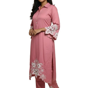 Pink Embroidered Cotton Kurti Set for Women | Elegant Floral Design Traditional Wear - Breakup Clothes