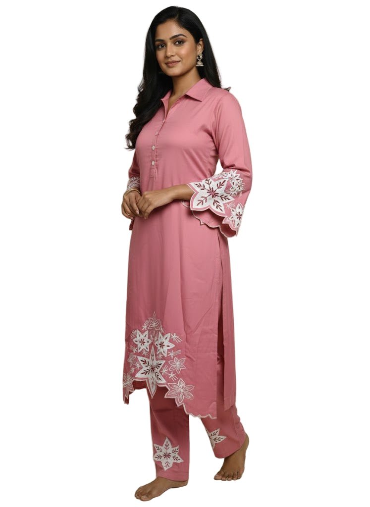 Pink Embroidered Cotton Kurti Set for Women | Elegant Floral Design Traditional Wear - Breakup Clothes