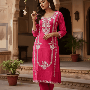 Pink Embroidered Cotton Kurti Set for Women | Elegant Traditional Ethnic Wear - pink kurti - Breakup Clothes