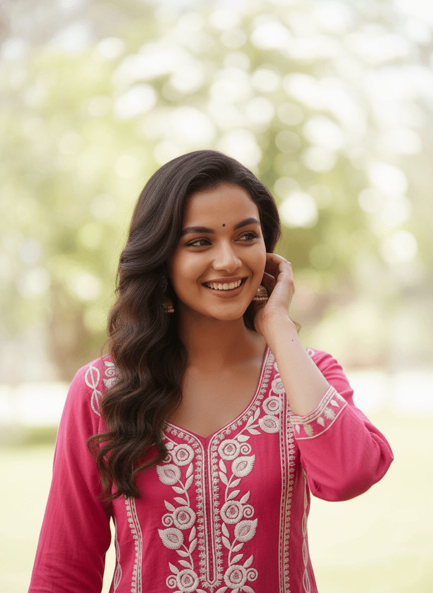 Pink Embroidered Cotton Kurti Set for Women | Elegant Traditional Ethnic Wear - pink kurti - Breakup Clothes