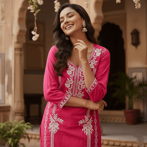 Pink Embroidered Cotton Kurti Set for Women | Elegant Traditional Ethnic Wear - pink kurti - Breakup Clothes