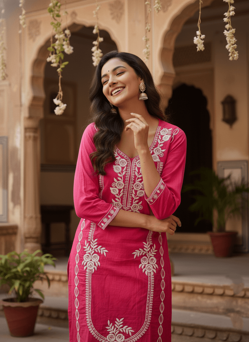 Pink Embroidered Cotton Kurti Set for Women | Elegant Traditional Ethnic Wear - pink kurti - Breakup Clothes
