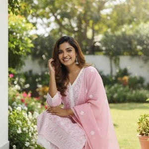 Pink Embroidered Kurti Pant Dupatta Set for Women | Elegant Pastel Traditional Ethnic Wear - pink kurti set - Breakup Clothes