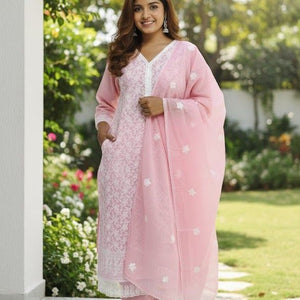 Pink Embroidered Kurti Pant Dupatta Set for Women | Elegant Pastel Traditional Ethnic Wear - pink kurti set - Breakup Clothes