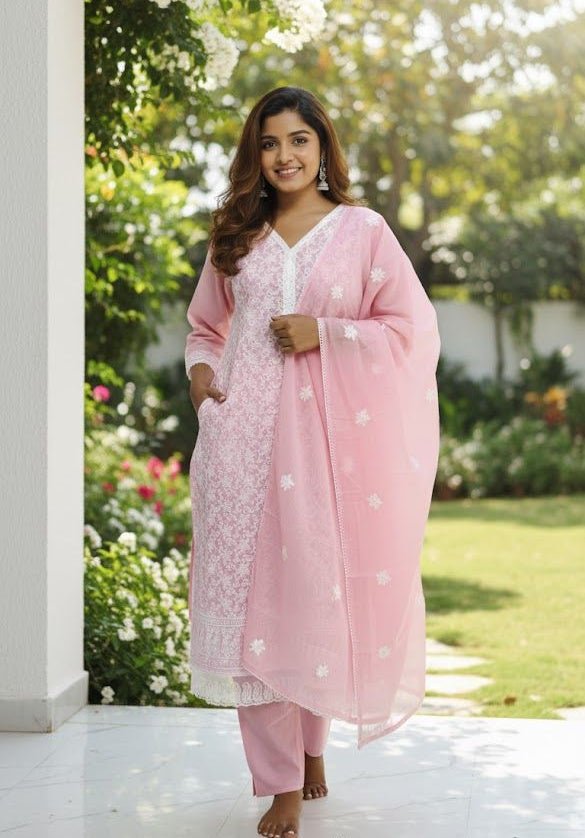 Pink Embroidered Kurti Pant Dupatta Set for Women | Elegant Pastel Traditional Ethnic Wear - pink kurti set - Breakup Clothes