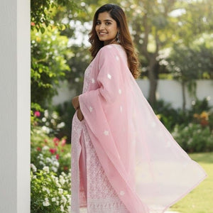 Pink Embroidered Kurti Pant Dupatta Set for Women | Elegant Pastel Traditional Ethnic Wear - pink kurti set - Breakup Clothes