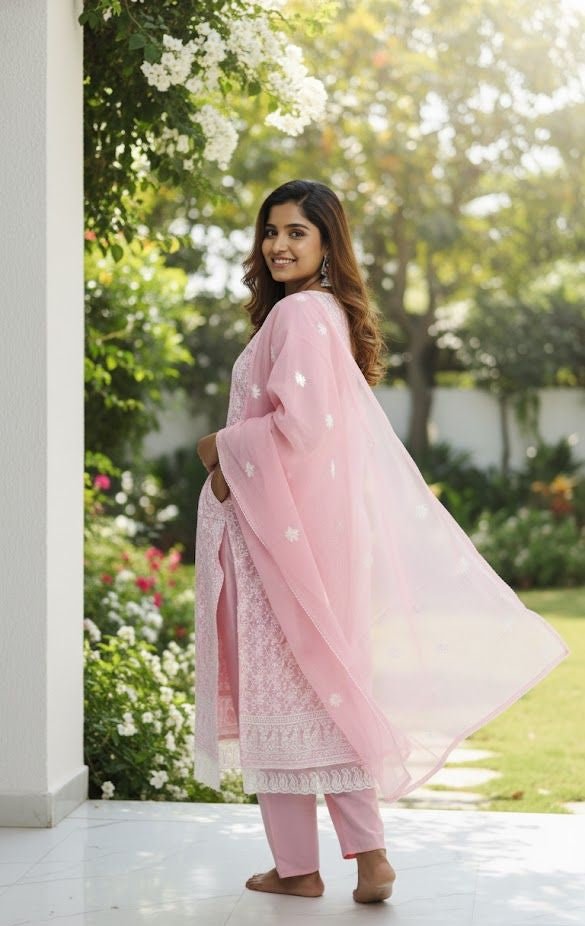 Pink Embroidered Kurti Pant Dupatta Set for Women | Elegant Pastel Traditional Ethnic Wear - pink kurti set - Breakup Clothes