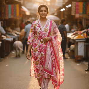 Pink Floral Printed Kurti Pant Dupatta Set for Women | Elegant Cotton Daily & Festive Ethnic Wear - Pink Floral Kurti - Breakup Clothes