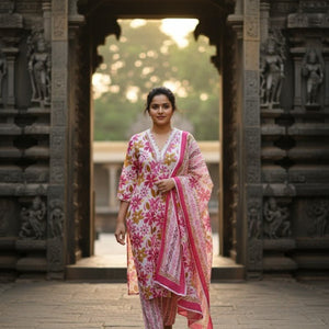 Pink Floral Printed Kurti Pant Dupatta Set for Women | Elegant Cotton Daily & Festive Ethnic Wear - Pink Floral Kurti - Breakup Clothes