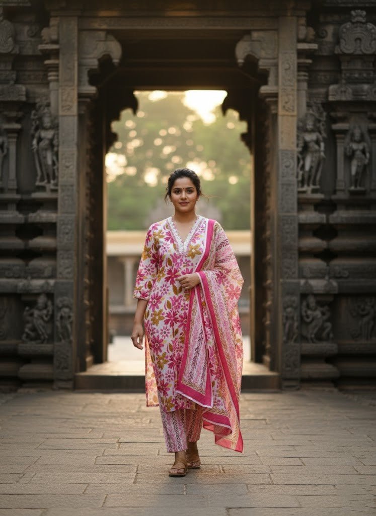 Pink Floral Printed Kurti Pant Dupatta Set for Women | Elegant Cotton Daily & Festive Ethnic Wear - Pink Floral Kurti - Breakup Clothes