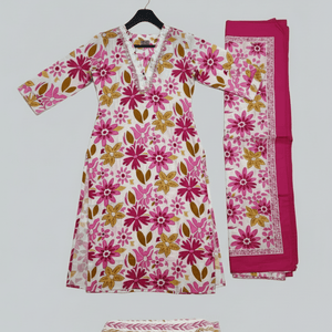 Pink Floral Printed Kurti Pant Dupatta Set for Women | Elegant Cotton Daily & Festive Ethnic Wear - Pink Floral Kurti - Breakup Clothes