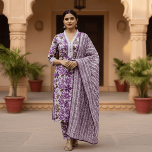 Pink Floral Printed Kurti Pant Dupatta Set for Women | Elegant Cotton Daily & Festive Ethnic Wear - Pink Floral Kurti - Breakup Clothes