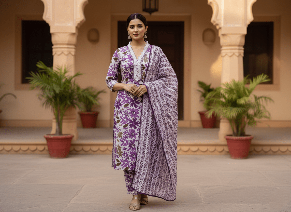 Pink Floral Printed Kurti Pant Dupatta Set for Women | Elegant Cotton Daily & Festive Ethnic Wear - Pink Floral Kurti - Breakup Clothes